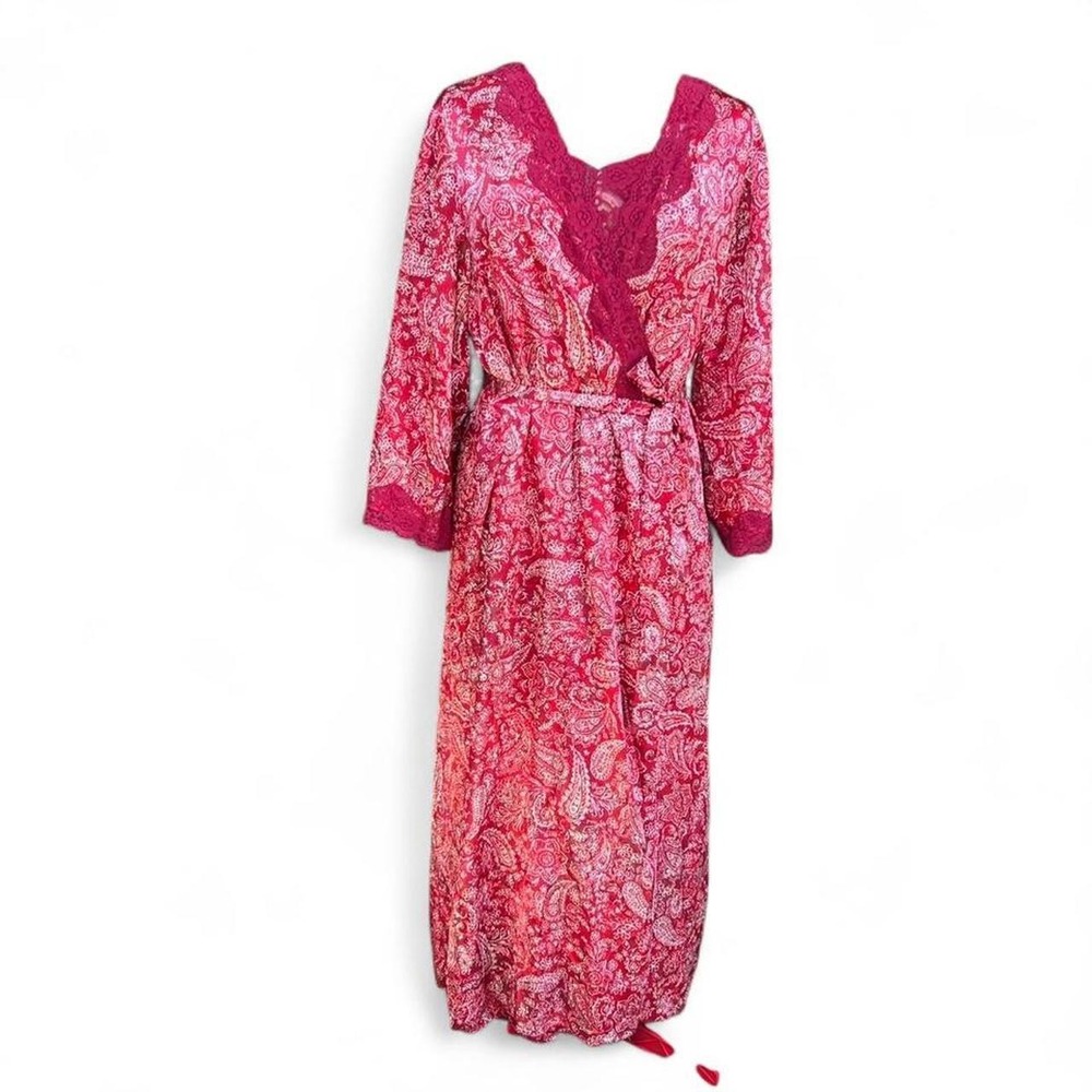 Amoureuse Red Paisley Maxi Slip Dress & Robe Set W Lace & Tie Waist Size 18/20